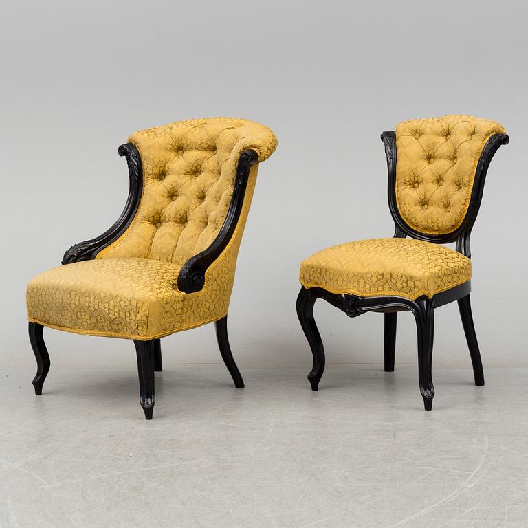 A set of three chairs, two easy chairs, one sofa and one table, end of the 19th century.