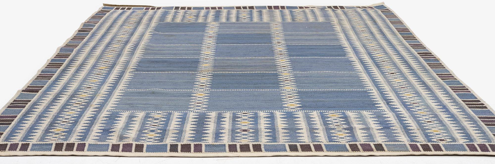 Barbro Nilsson, a carpet, "Salerno blå", flat weave, c. 314 x 255 cm, signed AB MMF BN.