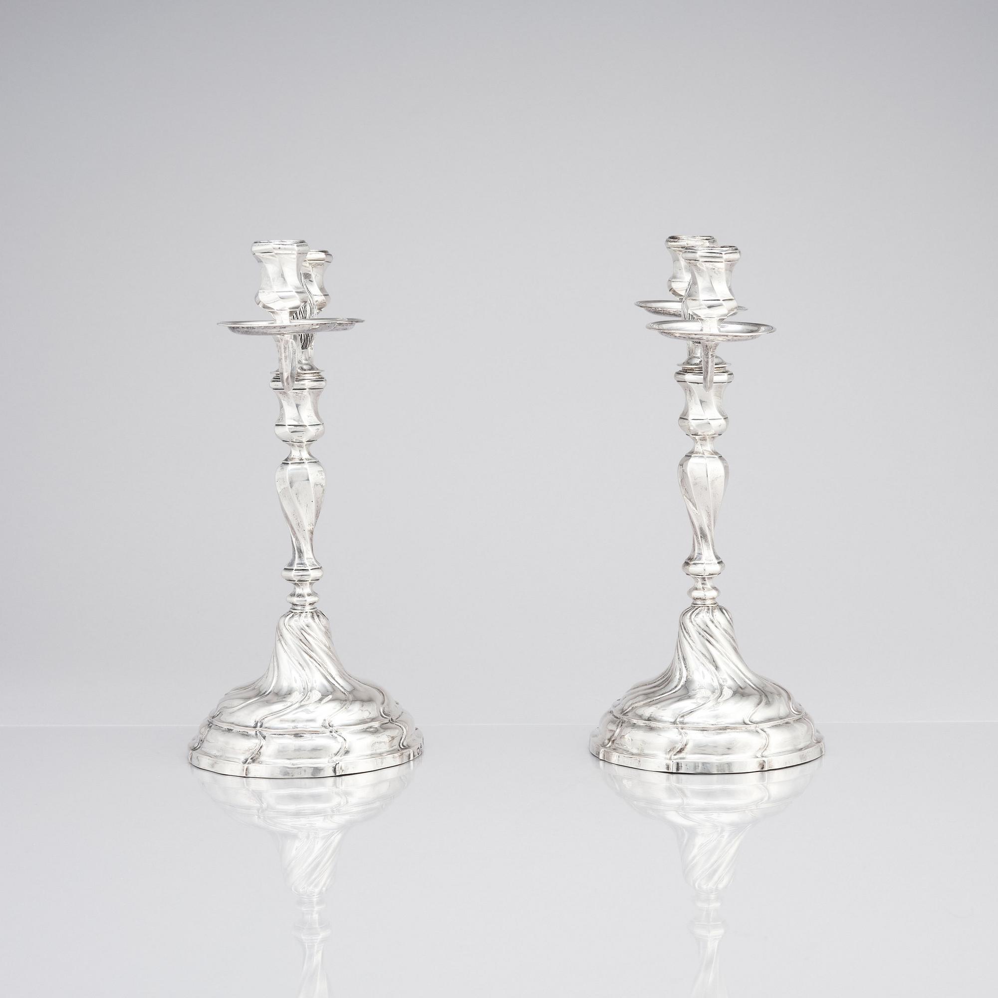 A pair of Swedish 18th century silver candelabra, marks of Lars Holmström, Lund 1772.