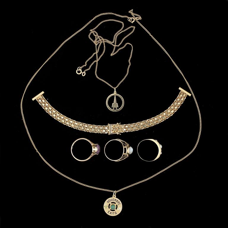 PARTI GULDSMYCKEN, 6 delar, mest 18K, 1900-tal. Tot ca 28 gram.