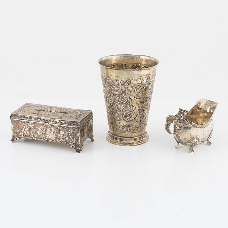 A Silver Box, Creamer and Beaker, including mark of GAB, Stockholm 1935.