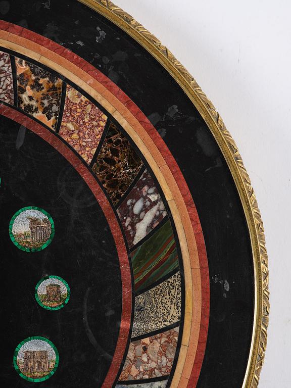 An Empire-style mahogany table with a pietre dure, micromosaic and specimen marble top, mid 19th century.