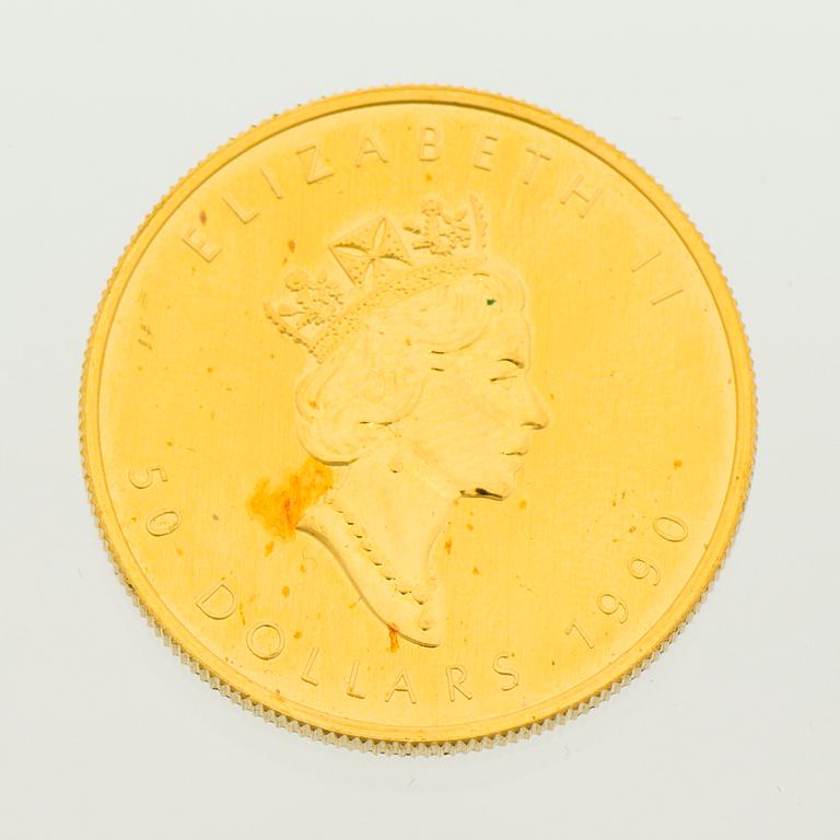 A GOLD COIN, 999 gold, 50 dollars, Elizabeth II, Canada, 1990.
