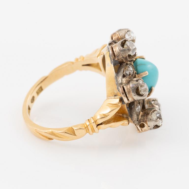 Ring 18K gold and silver with a turquoise and old-cut diamonds.