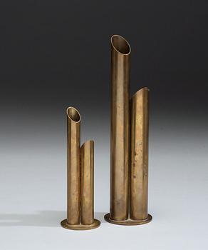 A set of two Ivar Ålenius Björk brass vases, Ystad Metall, 1930's.