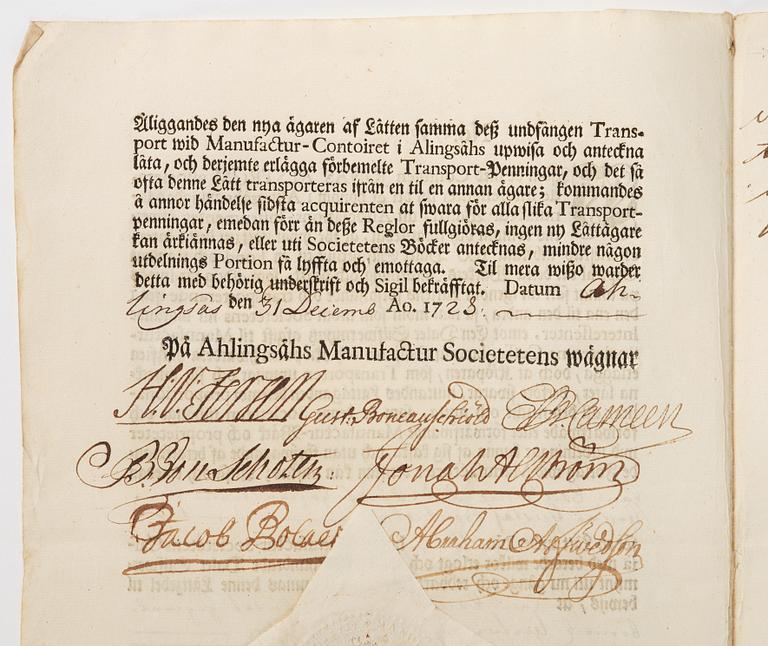 Aktiebrev, Ahlingsåhs Manufaktur Werk (Manufactur-Societet), No 43, 1728.