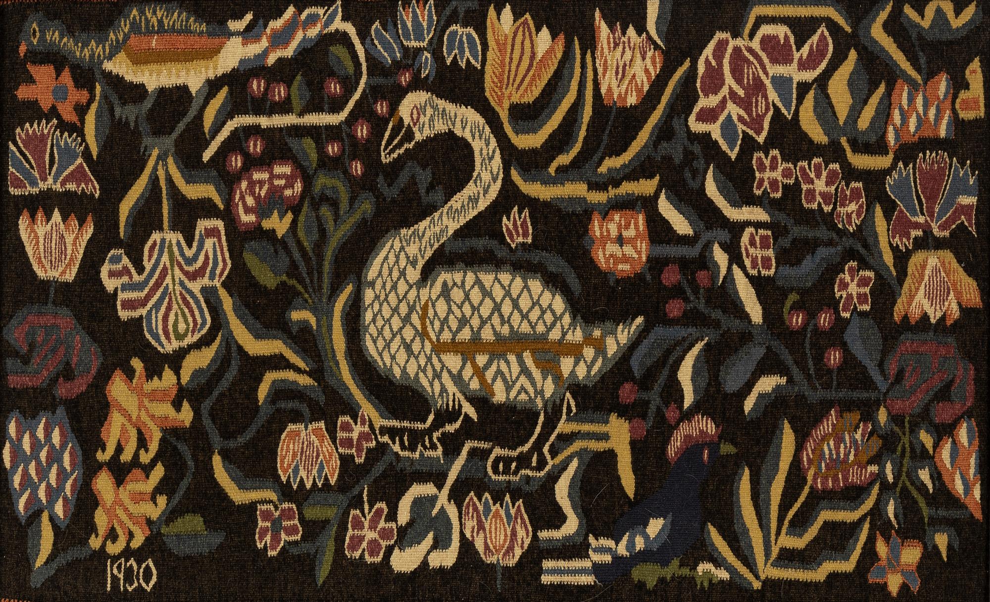 Vävnad, 'Svandynan från Vemmenhög' slätväv, daterad 1931.