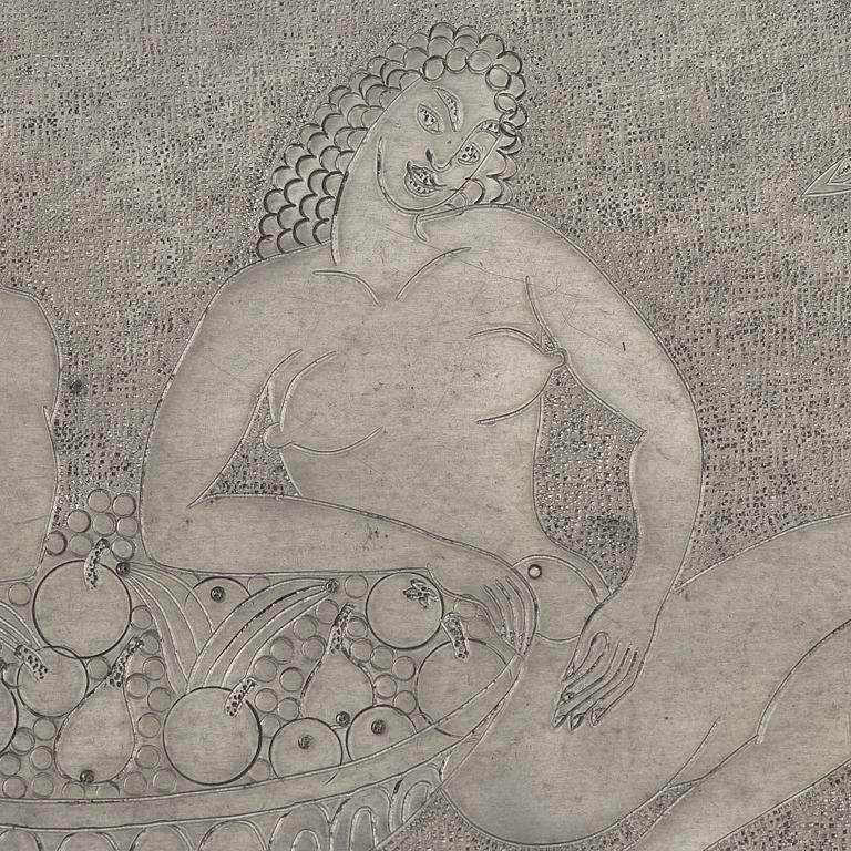 Anna Petrus, an engraved Swedish Grace pewter tray, Stockholm, early 1920's. this model was shown at The Paris Exhibition 1925.