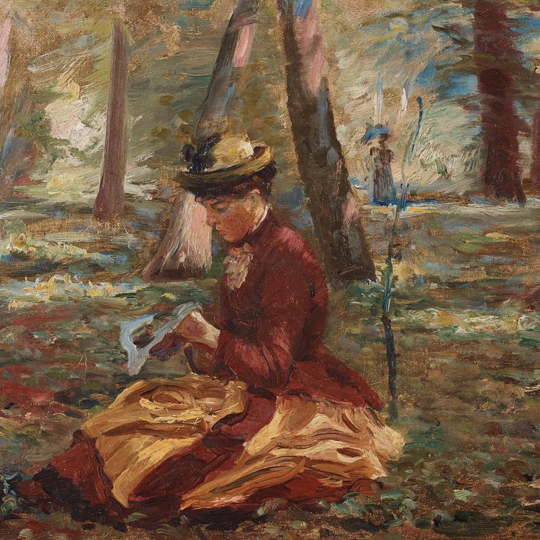 Carl Emil Lund, Woman knitting in the park.