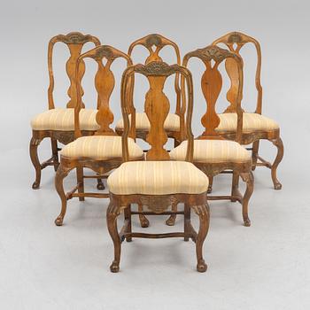 A set of six similar rococo chairs, 18th century.