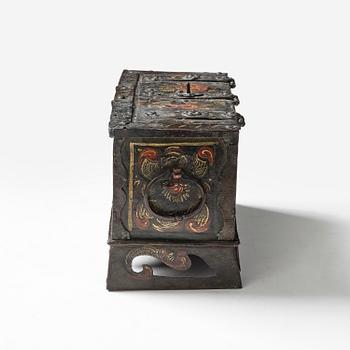 A South German presumably Nuremberg polychrome-painted wrought baroque iron casket, 17th century.