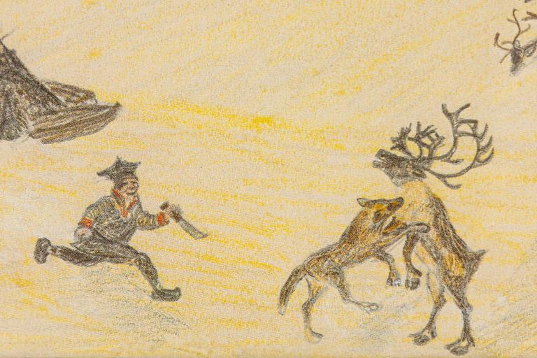 Nils Nilsson Skum, Reindeer on the mountain with a wolf attacking a reindeer.