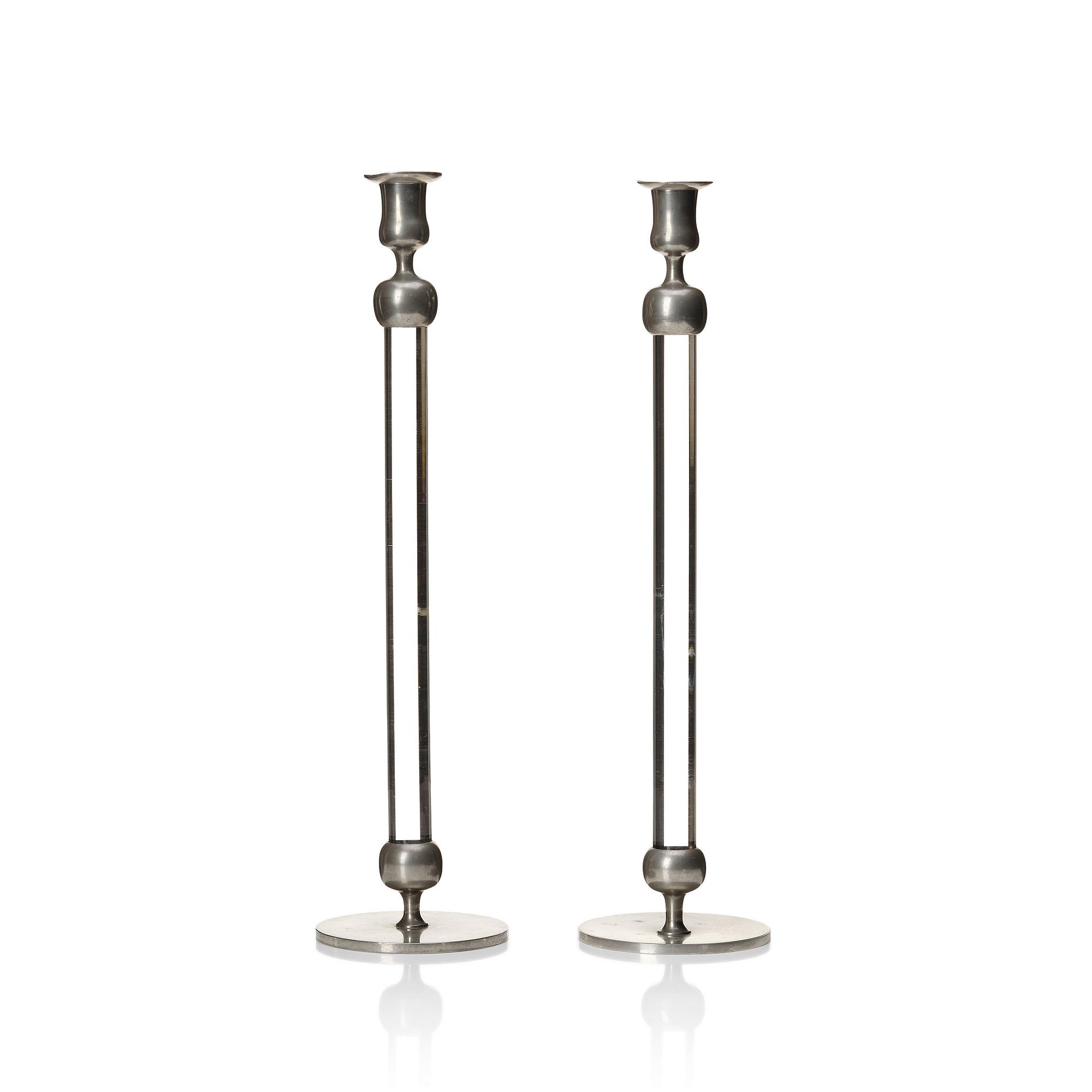 Josef Frank, a pair of pewter and plexi-glass candlesticks, Svenskt Tenn, Stockholm 1952 och 1956.