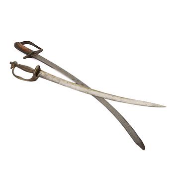 Sabres, 2, cavalry sabre and cutlass, Sweden, 19th century.