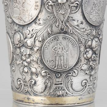 A Prussian 18th century parcel-gilt beaker, makers mark Johann Leopold Käwerstein, Königsberg 1754-1761.