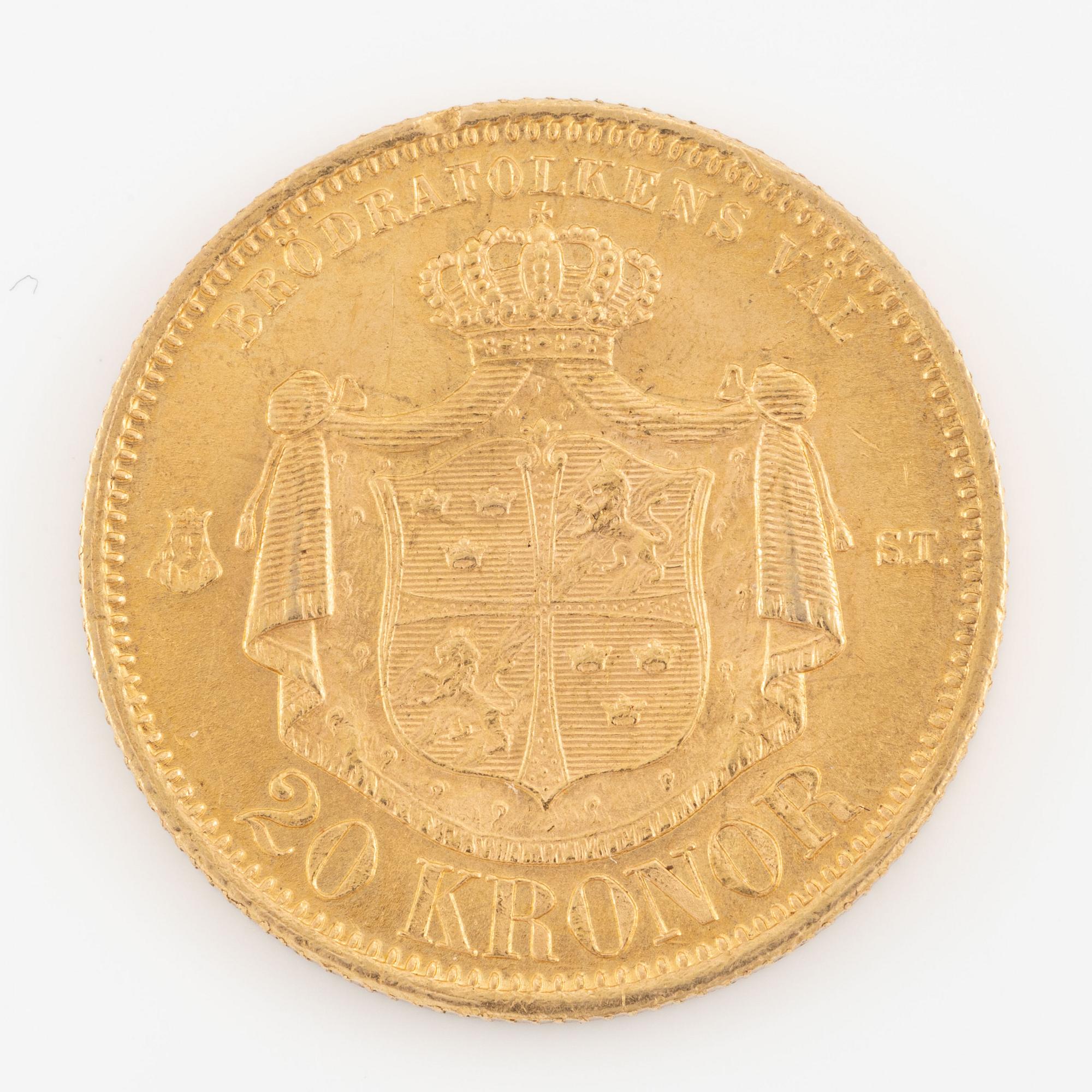 Gold coin, Sweden, Oscar II, 20 kr, 1875.