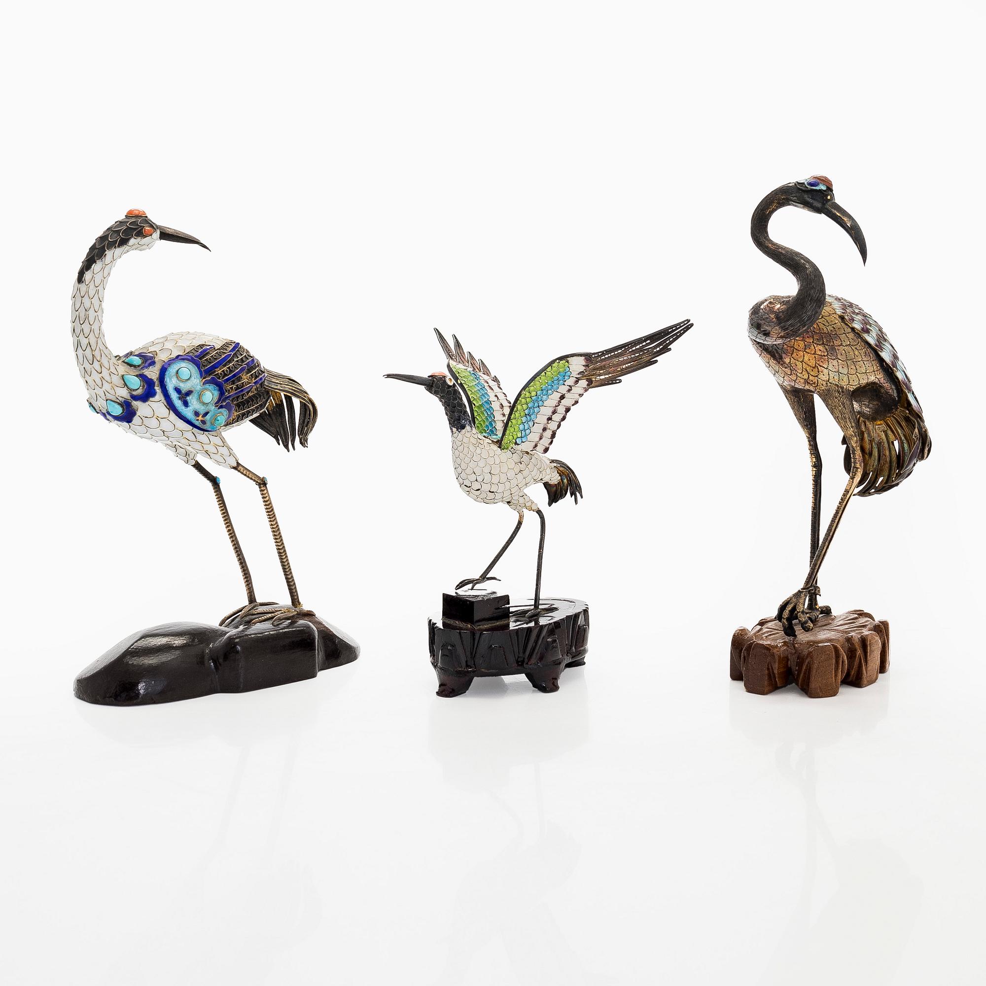 A set of three silver and cloisonné enamel figures of birds, first half of 20th Century.