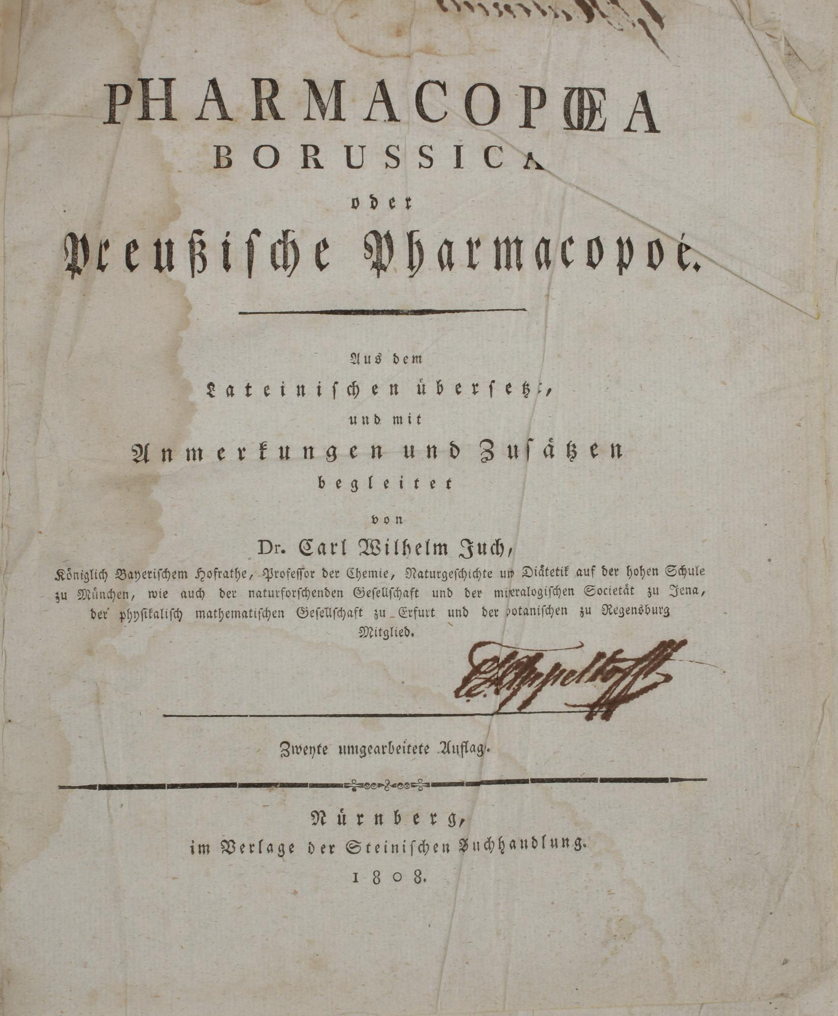 BOK: PHARMACOPOEA Borussica oder Preussische Pharmacopé" av Carl Wilhelm Juch, Nürnberg 1808.