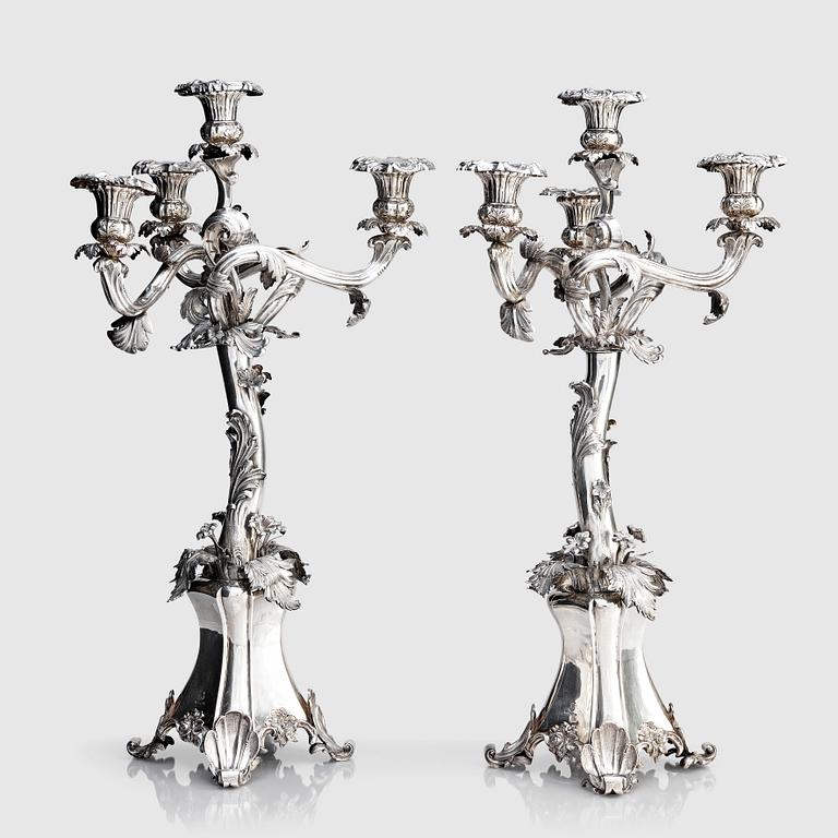 A pair of Swedish silver candelabra, mark of Gustaf Möllenborg-Féron, Stockholm 1856.