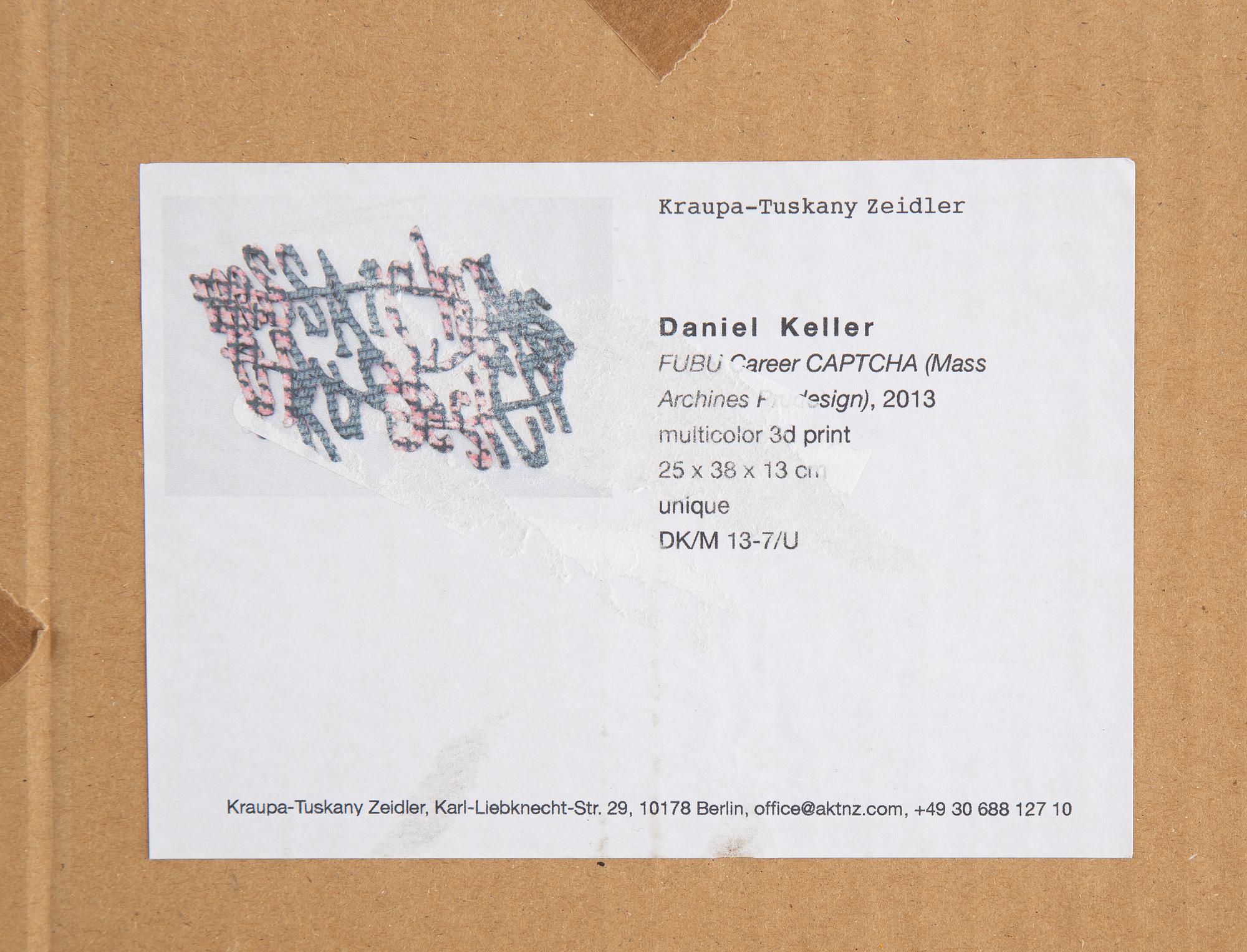 Daniel Keller, executed 2014. Multicolour 3D print. Unique.