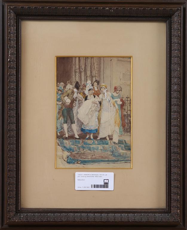 HANDKOLORERADE TRYCK, ett par, omkring sekelskiftet 1800/1900.