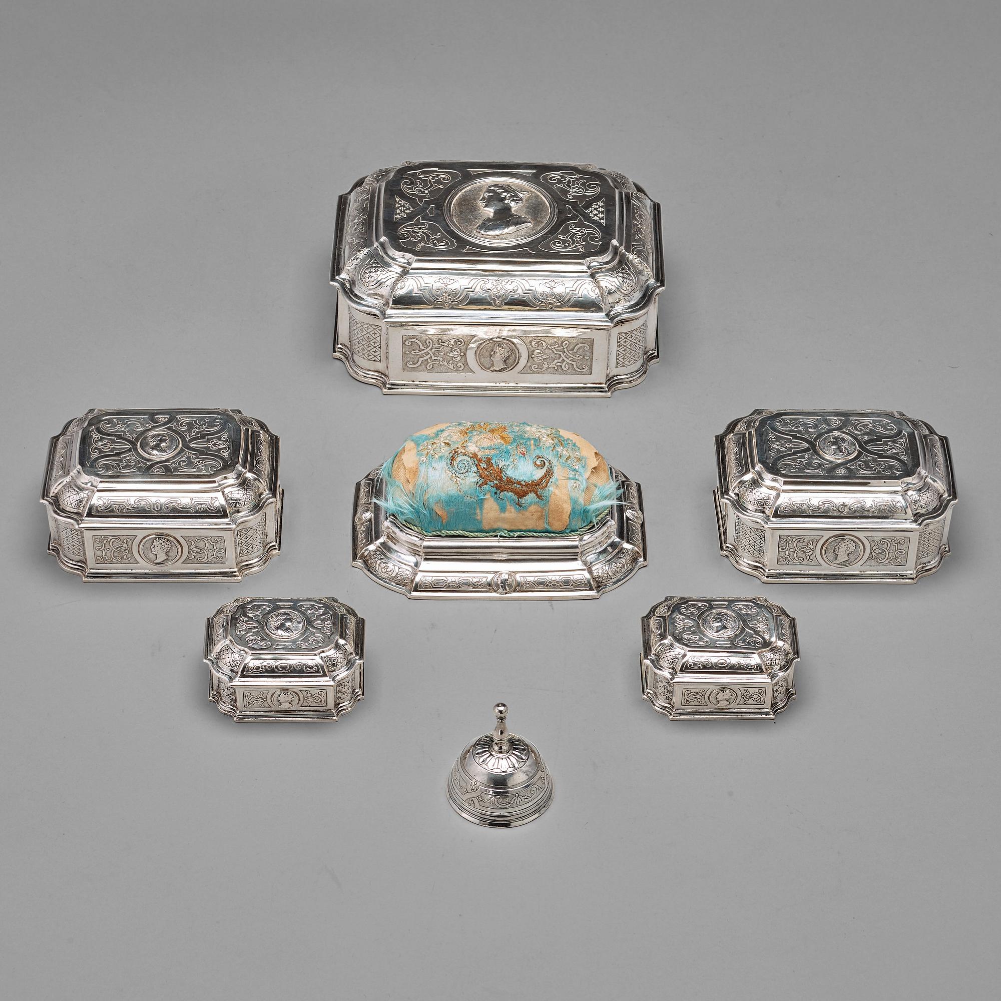 A Swedish 18th century 7 piece silver toilet service, mark of Johan Lorenz Starin, Stockholm 1736.