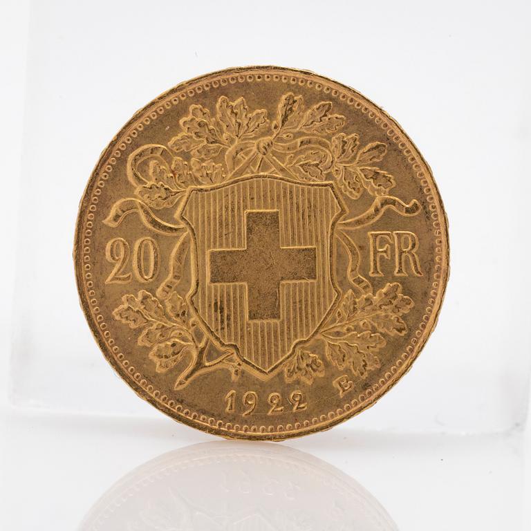 Gold coin Switzerland, 20 Franc, 1922.