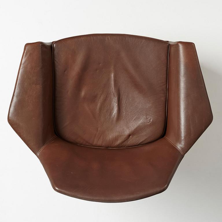 Ib Kofod-Larsen, a teak and brown leather easy chair, Olof Perssons Fåtöljindustri (OPE), Sweden, 1950-60's.