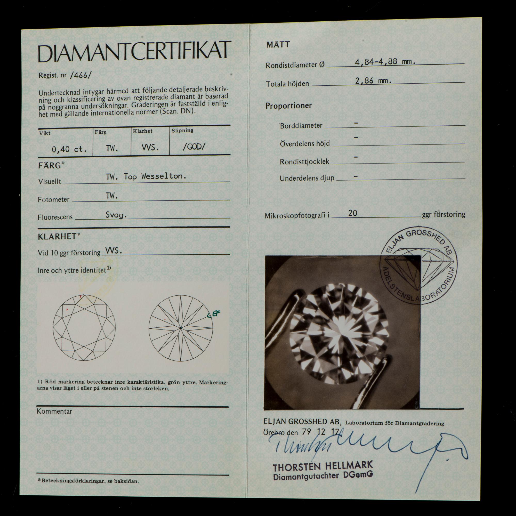 DIAMANT, briljantslipad 0,40 ct F-G (Top Wesselton) / VVS.