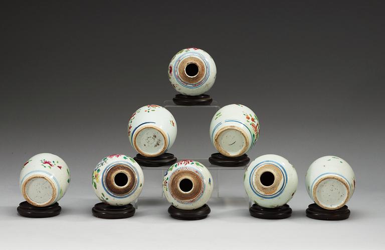 A matched set of eight famille rose tea caddys, Qing dynasty, ca 1800.