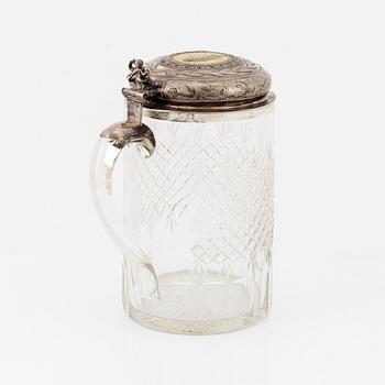 Dryckeskanna, låghaltigt silver och glas, 1800/1900-tal.