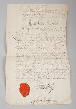 DOKUMENT, 4 st, till Axel Julius de la Gardie (1637-1710), med lacksigill samt BREV.