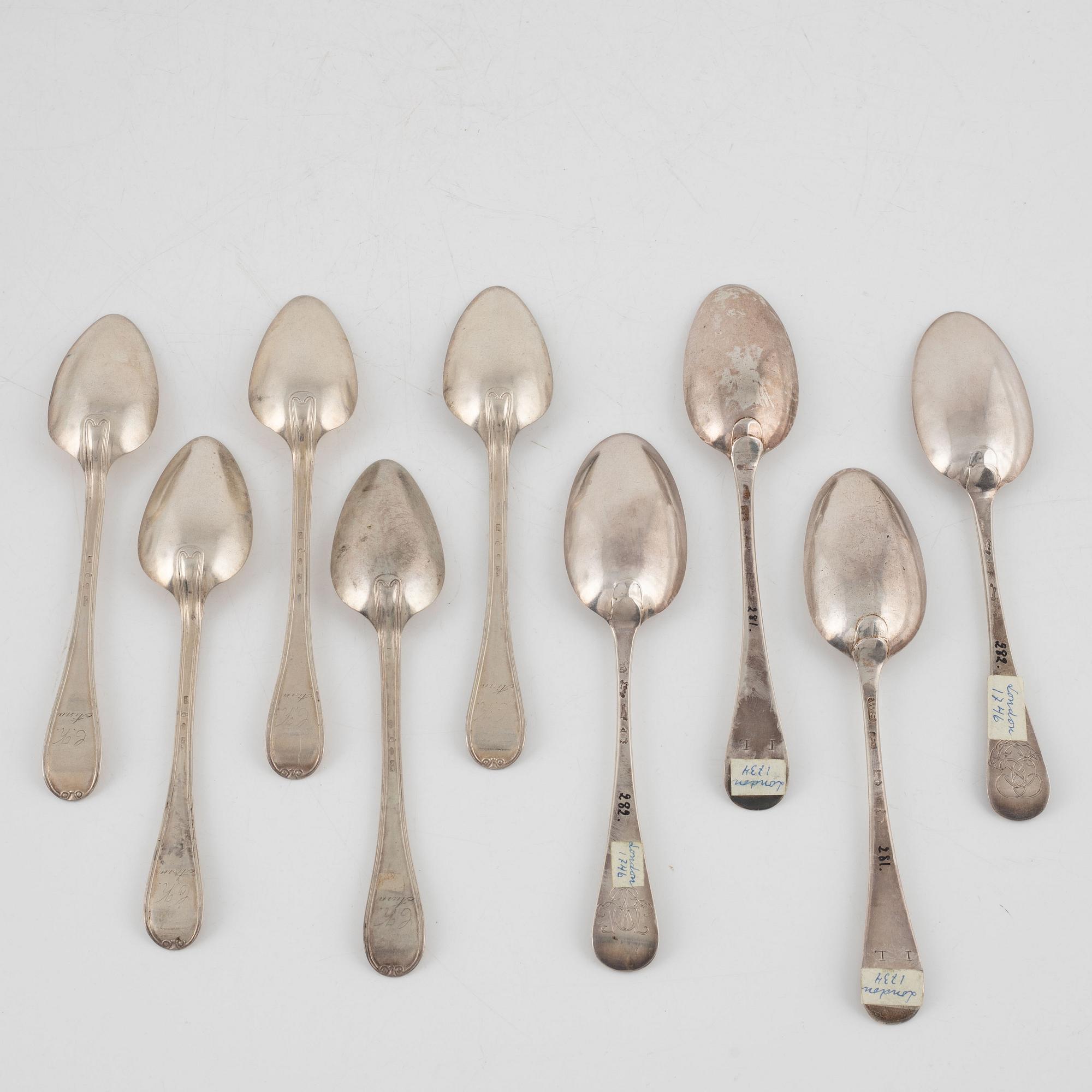 Four english place spoons, including William Soame, London, 1734, and five place spoons by Nils Wendelius, Sweden, 1837.