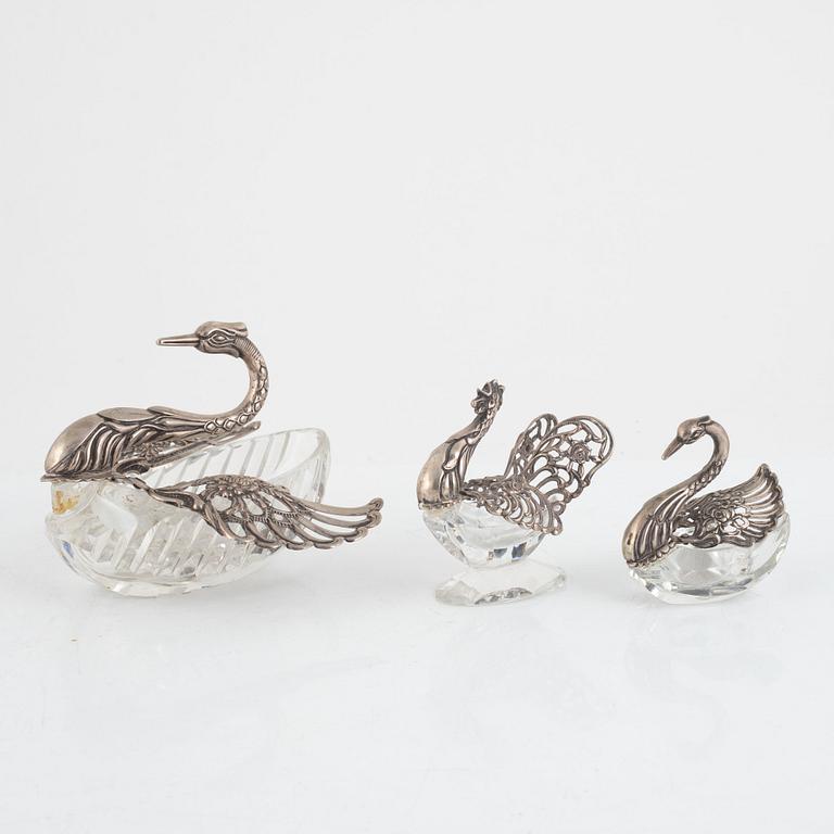 Salt cellar/table accessory, silver and glass, three pieces, mid-20th century.
