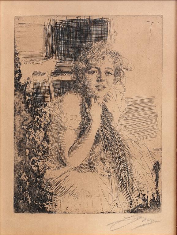 Anders Zorn, etsning 1904, signerad.