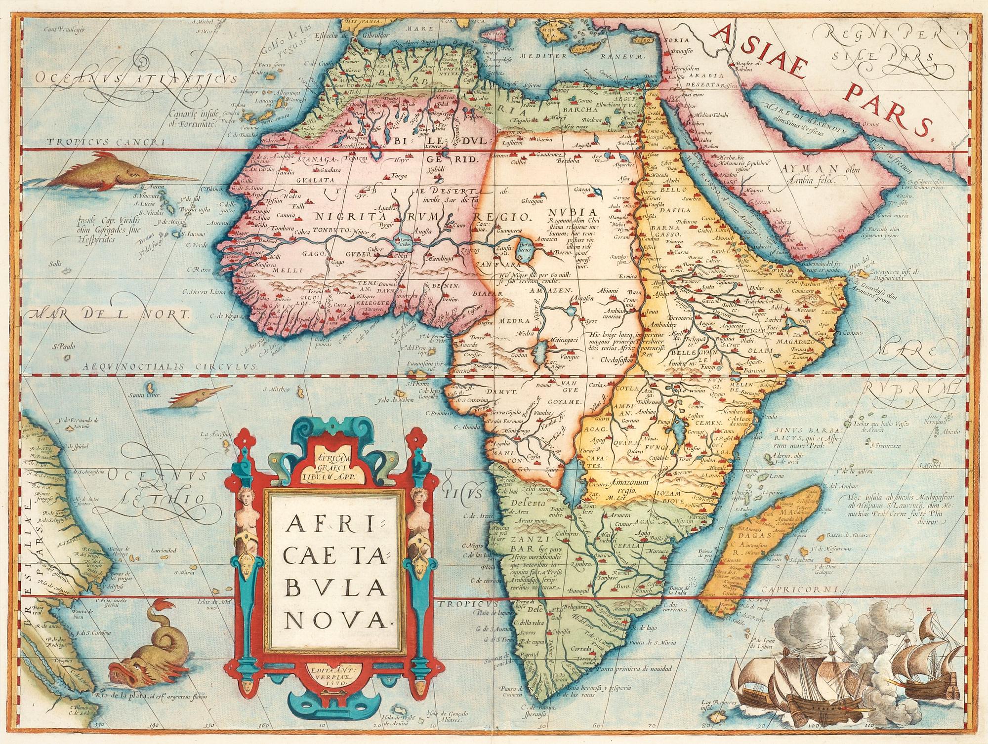 Abraham Ortelius, Ur: Theatrum Orbis Terrarum" (6). Världskarta, Europa, Asien, Afrika, Amerika samt porträtt. 1579.