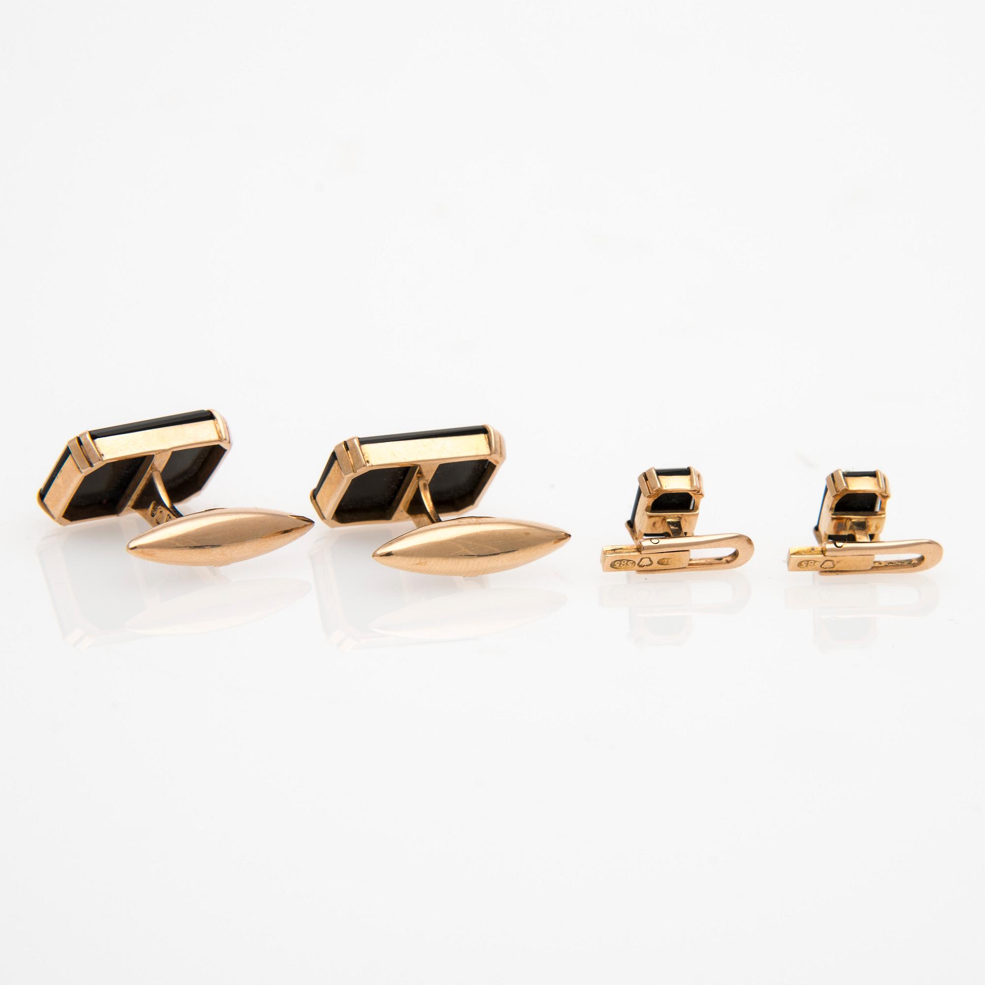 MANSCHETTKNAPPAR och FRACKKNAPPAR, onyx, 14K guld, Oskar Lindroos, Helsingfors 1937.