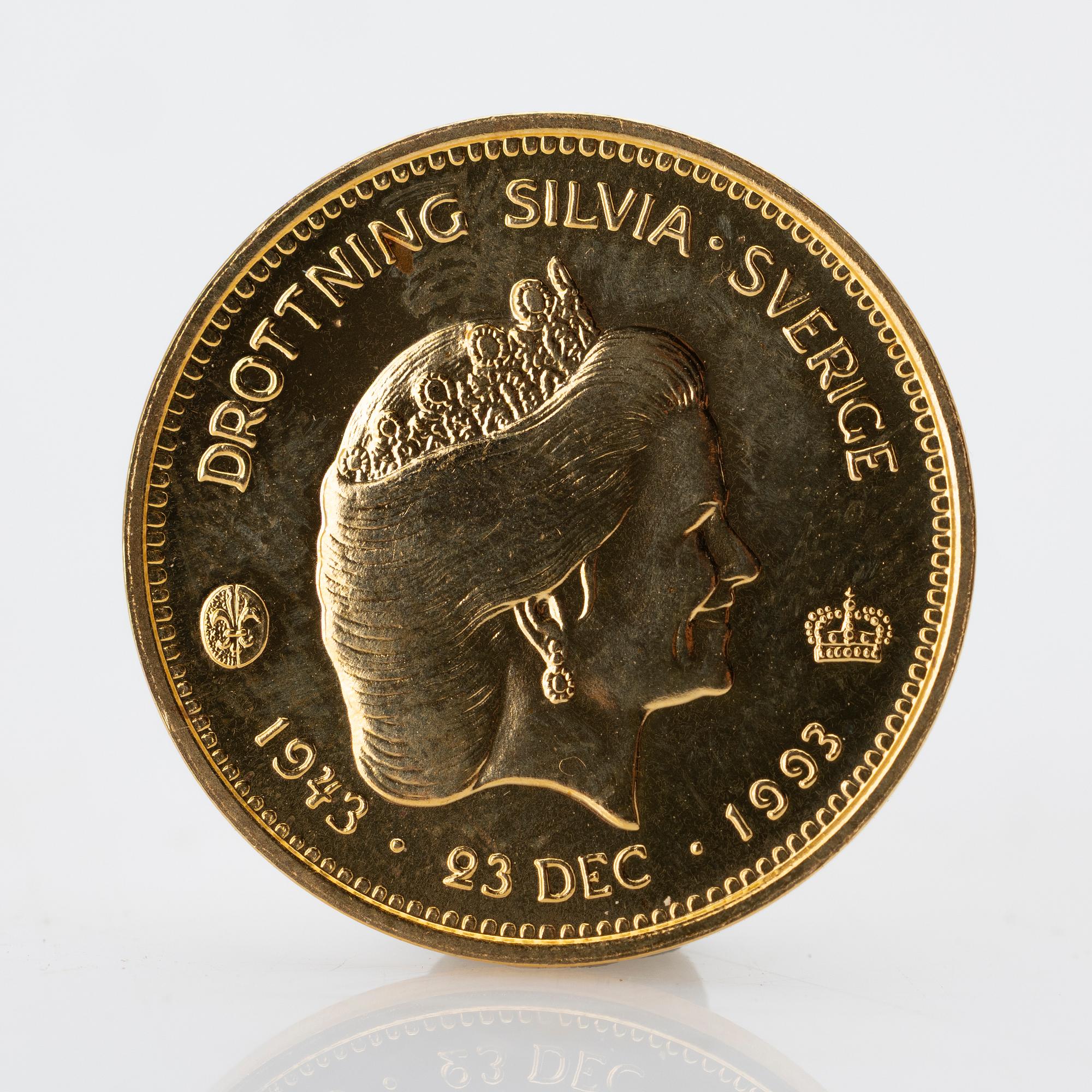 Guldmynt, 21,6 k, 1000 kronor, Drottning Silvia, Sverige 1993. Vikt 5,8 gram.