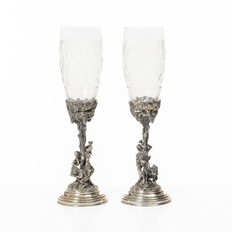 Champagne glasses, a pair, silver and glass, 20th century.