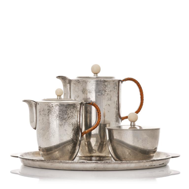 Wolfgang von Wersin, a three pcs pewter coffee service with tray, ed. Eugen Wiedamann, Regensburg, Germany 1931-34.