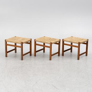 Three oak stools with laced seats, second half of the 20th century.