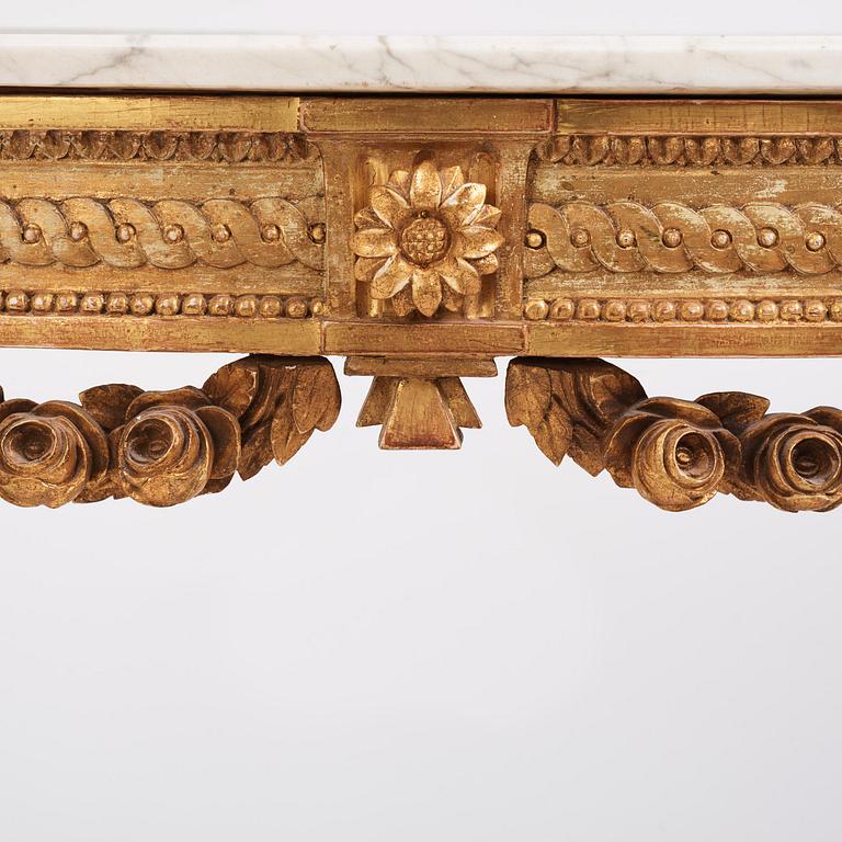 A Gustavian giltwood and marble console table, Stockholm, late 18th century.