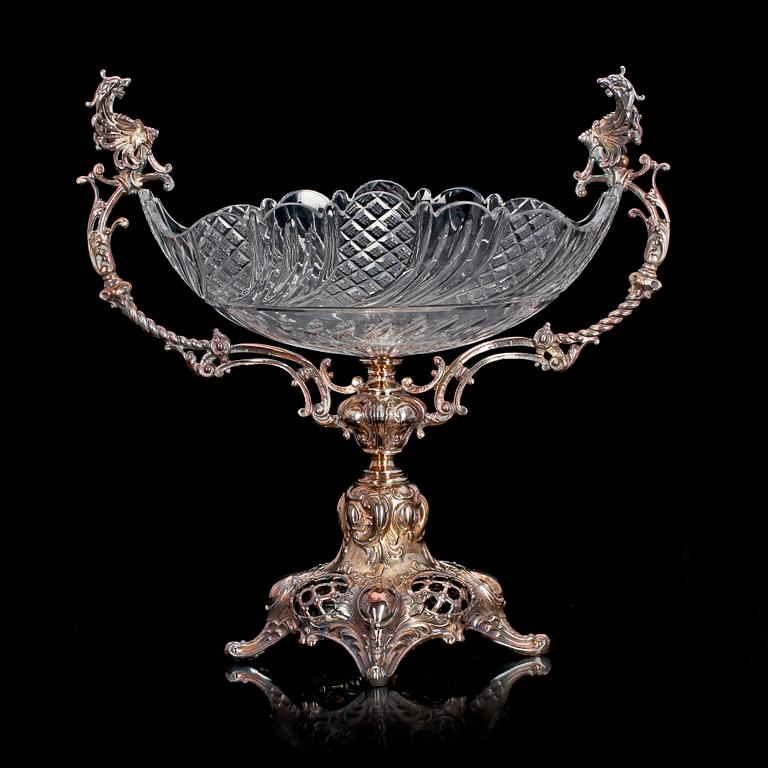 SKÅL PÅ FOT, nysilver och glas. Nyrokoko, 1800-talets slut.