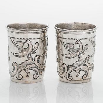 A pair of late 18th-century silver beakers, unknown maker's mark, alderman Alexei Kosirev, Moscow 1791.