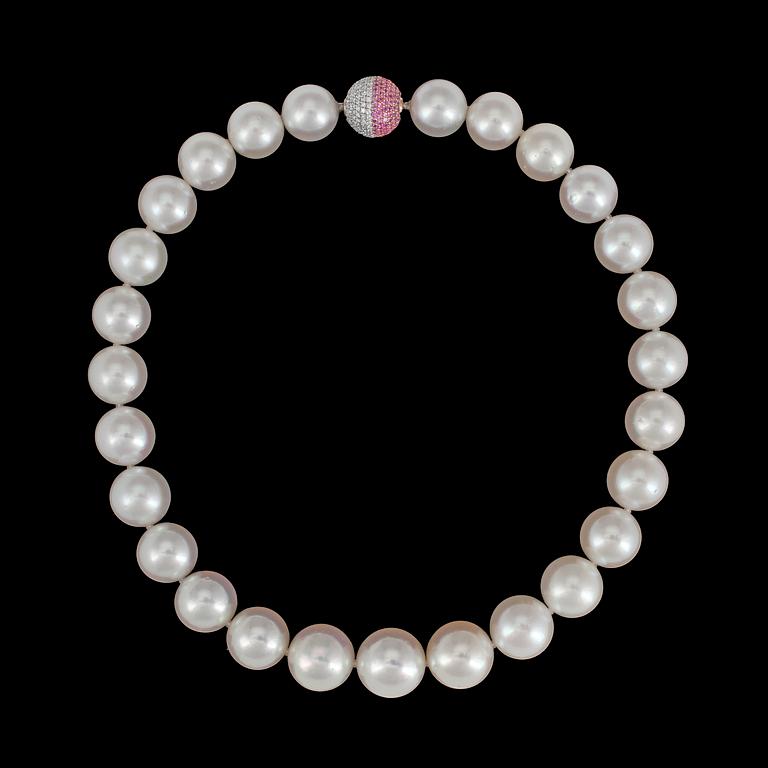 A cultured South sea pearl necklace, 17-14 mm, clasp with diamonds and pink sapphires.