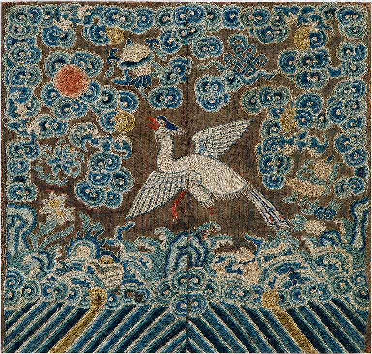 An embroidered rank badge/buzi, Peking knot technique. Late Qing dynasty.