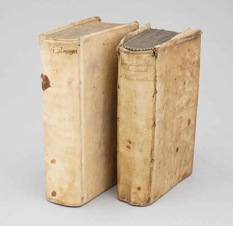 BÖCKER, 2 st, bla "Promptuarium Connubiale hoc est Thematum...", av Felix Bidembach, Tübingen 1605.