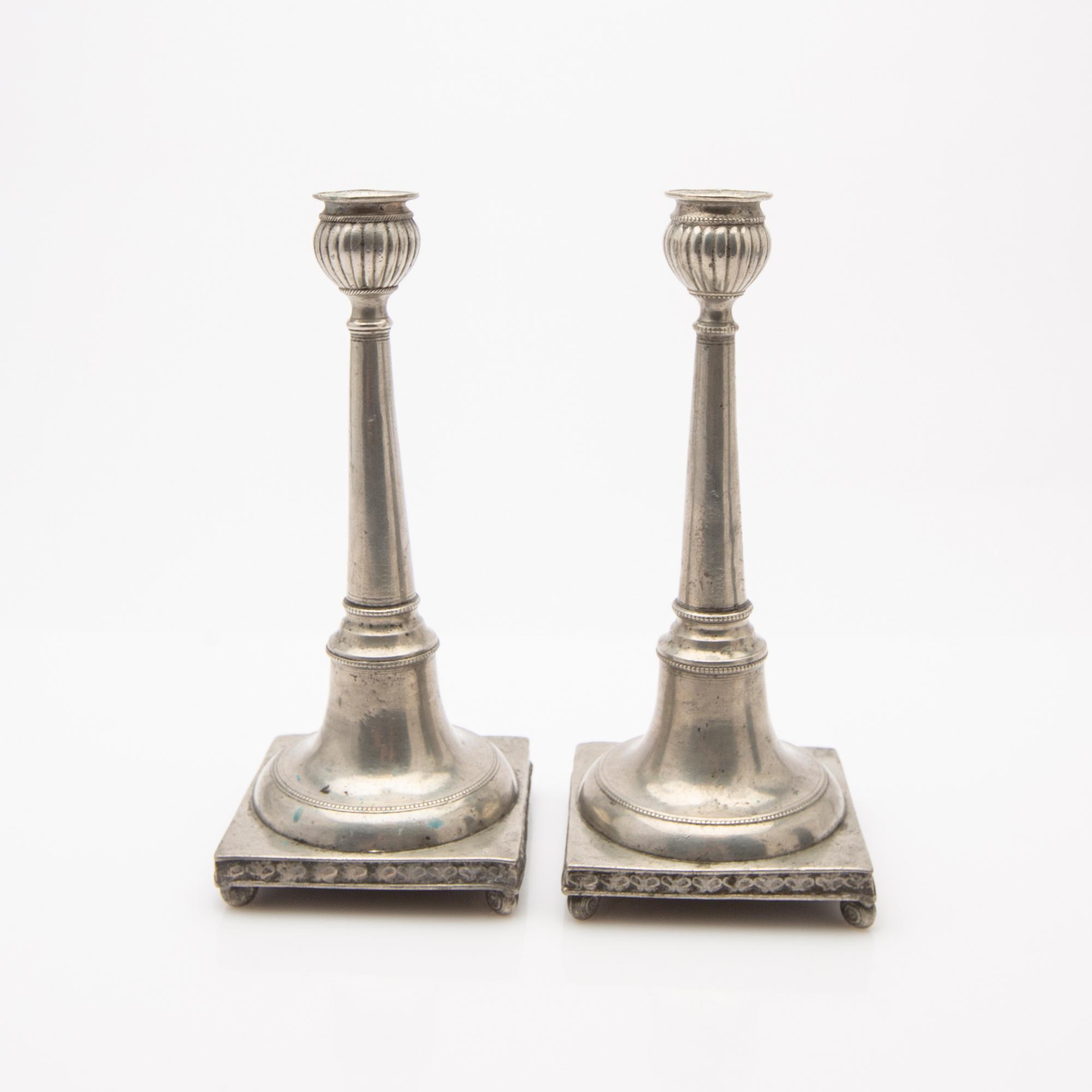 Candelsticks, a pair, tin, Lorens Gustaf Krouthén, Karlshamn, 1827.