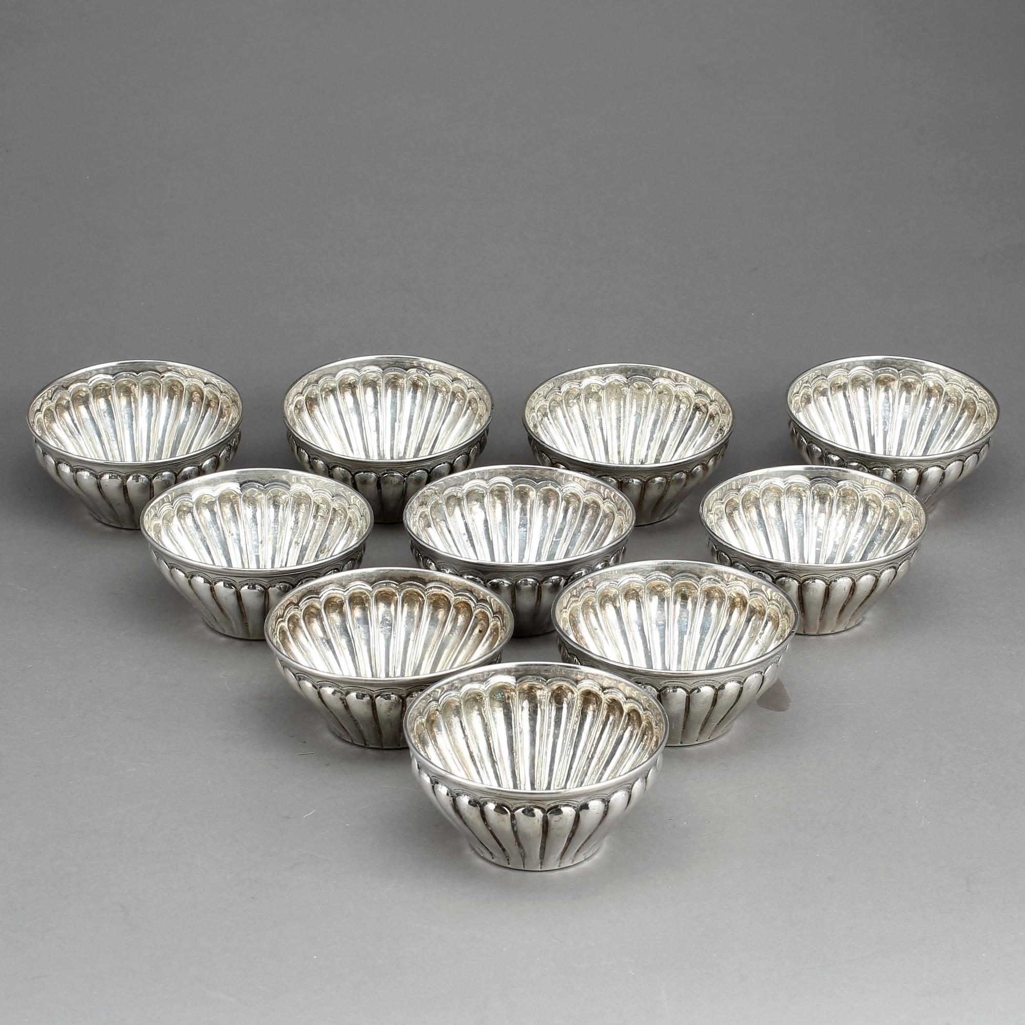 SKÖLJKOPPAR, 10 st, silver, Turkiet, 1900-talets första hälft. Tot vikt 1451 gram.