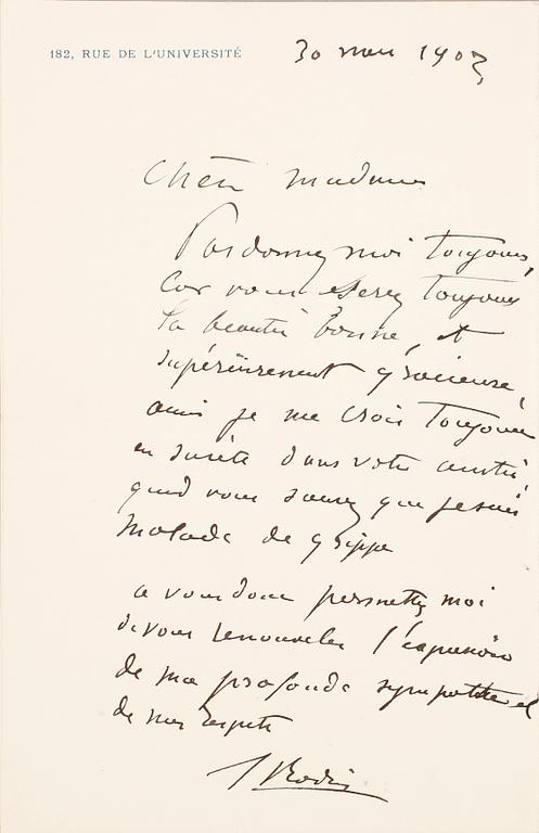 AUGUSTE RODIN (1872-1960), egenhändigt brev med namnteckning, dat 30 mars 1903.